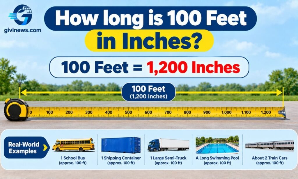 How long is 100 feet in inches?