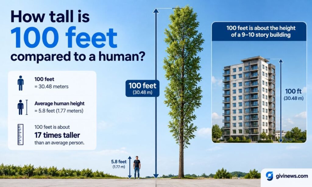 How tall is 100 feet compared to a human?