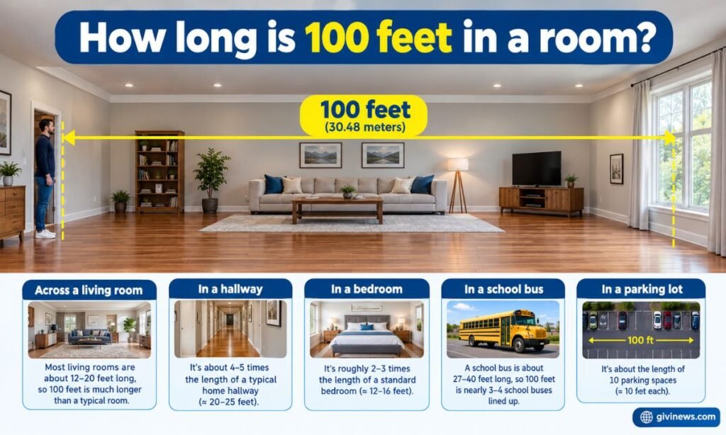 How long is 100 feet in a room?